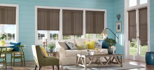 brown colored roller shades partly lowered in a cozy sitting room with light blue walls